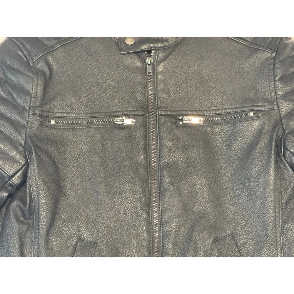 ASOS Mens Faux Leather Biker Jacket Black Quilted Shoulder Cafe Racer XS